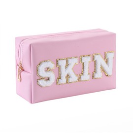 Preppy Patch Makeup Bag,Travel Cosmetic Bags PU Leather Portable Waterproof Toiletry Storage Case with Chenille Letter Zipper Daily Use Pouch for Women,Light Pink Skin