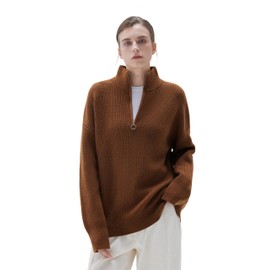 SUUKSESS Women Cashmere Oversized Quarter Zip Pullover Sweater Long Sleeve Collared Ribbed Knit Jumper Tops (Caramel, XS)