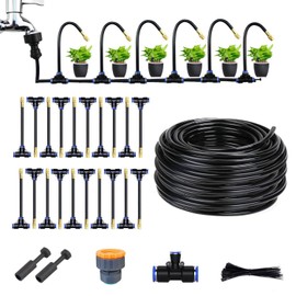 Garden Watering System, Greenhouse Mist Drip Irrigation Kit,65Ft Hanging Plant Watering System with 20 Three-Way Atomizing Nozzle and 12mm IrrigationTubing Hose, Gold