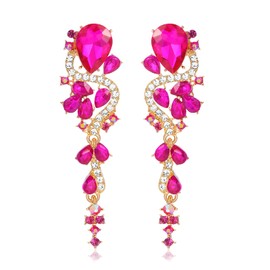 Hot pink Rhinestone Wedding Bridal Drop Dangle Statement Earrings White Teardrop Chandelier Earrings Long Drop Sparkly Clear Crystal Formal Dressy Earrings for Women Girls Prom