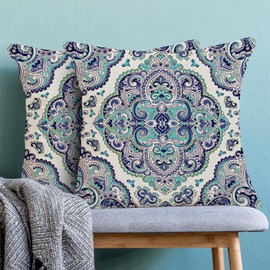AEIOAE Aqua Teal Boho Pillow Covers 18x18 Inch Set of 2,Navy Blue Carpet Pattern Throw Pillows Case,Ethnic Design Retro Outdoor Decorative Square Linen Farmhouse Decor Cushion Covers for Sofa Couch