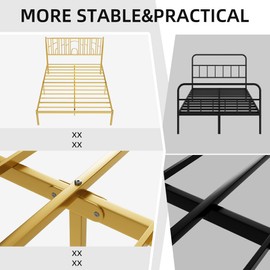 SOFTSEA Queen Size Metal Bed Frame with Vintage Headboard, Industrial Heavy Duty Platform Bed with Storage for Adult, No Box Spring Needed, Gold