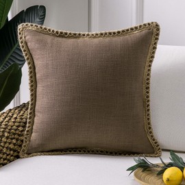 Phantoscope Farmhouse Decorative Throw Pillow Cover Burlap Linen Trimmed Tailored Edges Outdoor Pillow Coffee 20 x 20 Inches, 50 x 50 cm
