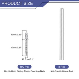 uxcell 800Pcs Double-Head Skirting Thread Seamless Nail with 8 Nail-Specific Sleeve Tool, Zinc-Plated Carbon Steel Skirting Line Thread Nails Wood Baseboard Invisible Screws Nails, Silver
