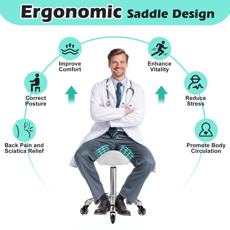 Ergonomic Saddle Stool with wheels - Upgraded Thicker Leather Seat