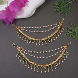 I Jewels Gold Plated Indian Wedding Bollywood Kundan & Pearl Drop Hair Chain/Ear chain Accessories with Hook for Women (E3217G)