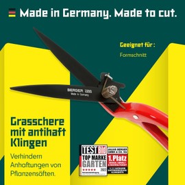 BERGER Commercial Grade Grass Shears, Self-Sharpening Steel Blades with Anti-Stick Coating, Forged Steel Body, Ring Clasp for Hanging Storage, 2200