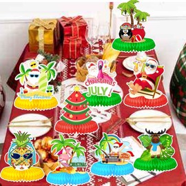 LOONELO Christmas in July Honeycomb Centerpieces – 9PCS 3D Summer Hawaiian Table Decorations with Santa & Flamingo, Tropical Luau Beach Party Toppers for Holiday, Birthday & Baby Shower Supplies