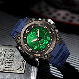 findtime Digital Watch Men's Sports for Men Boys Teenagers Outdoor Watch with Countdown / Alarm Clock / Stopwatch 5 ATM Waterproof Watches, black blue, Bracelet