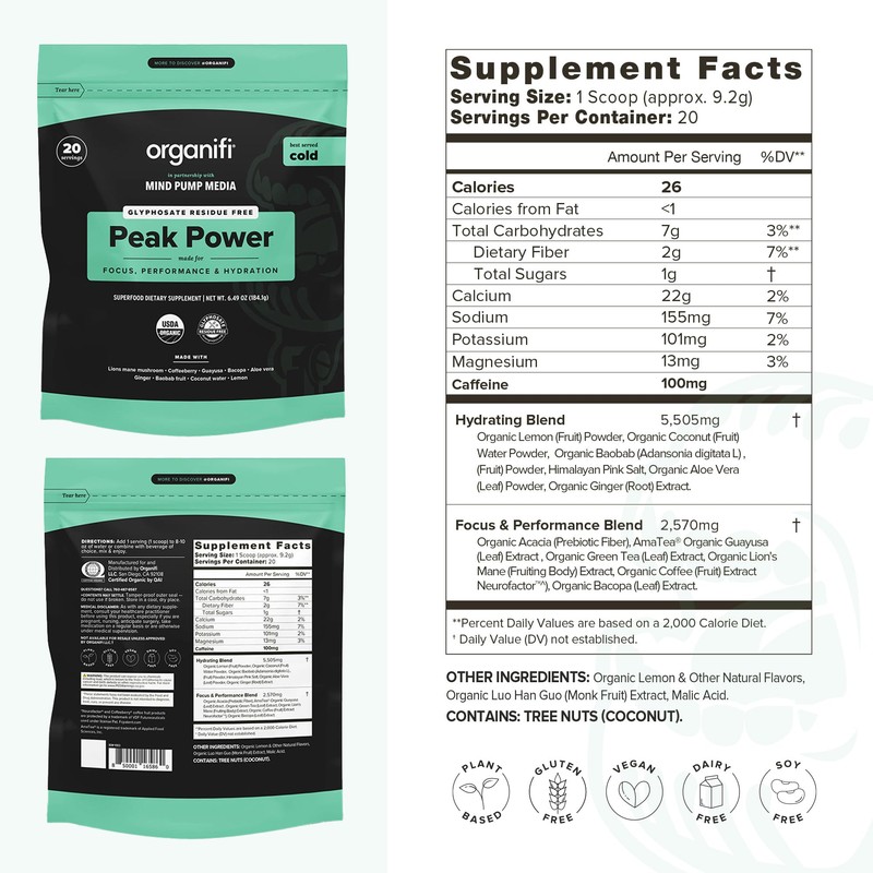 Organifi Peak Power, Pre Workout Powder to Support Hydration, with