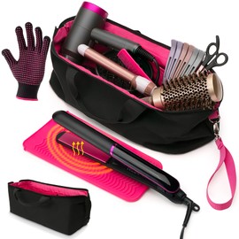 Hair Tool Travel Bag with Heat Resistant Mat for Flat Iron, Straighteners, Curling Iron, Makeup, Toiletries & Haircare Accessories, Portable Hot Tools Organizer with Silicone Mat & Glove