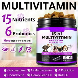 Dog Multivitamin Chewable, 15-in-1 Dog Vitamins Supplements, Support Health- Skin, Immune System, Skin & Coat, Hip & Joint Supplements for All Ages All Breeds(150 Chews Duck Flavor)