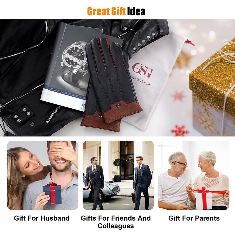 GSG SINCE 1998 Mens Genuine Leather Gloves Cashmere Lined Touchscreen