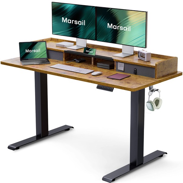 Marsail Electric Standing Desk with Dual Drawers, 48 x 24 Inches Height Adjustable Desk with Storage Shelf, Sit Stand Desk with 4 Memory Preset, 2 Hooks, Stand Up Desk for Home Office, Rustic Brown