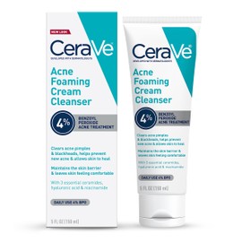 Limpiador en crema espumosa para acné CeraVe  Jabón facial para tratamiento del acné con peróxido de benzoilo al 4, ácido hialurónico y niacinamida...