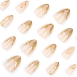 Almond Press on Nails Short Fake Nails with Gold Iirregular Pattern Design Glue on Nails Nude Full Cover Glossy Artificial Stick on Nails for Women 24 Pcs