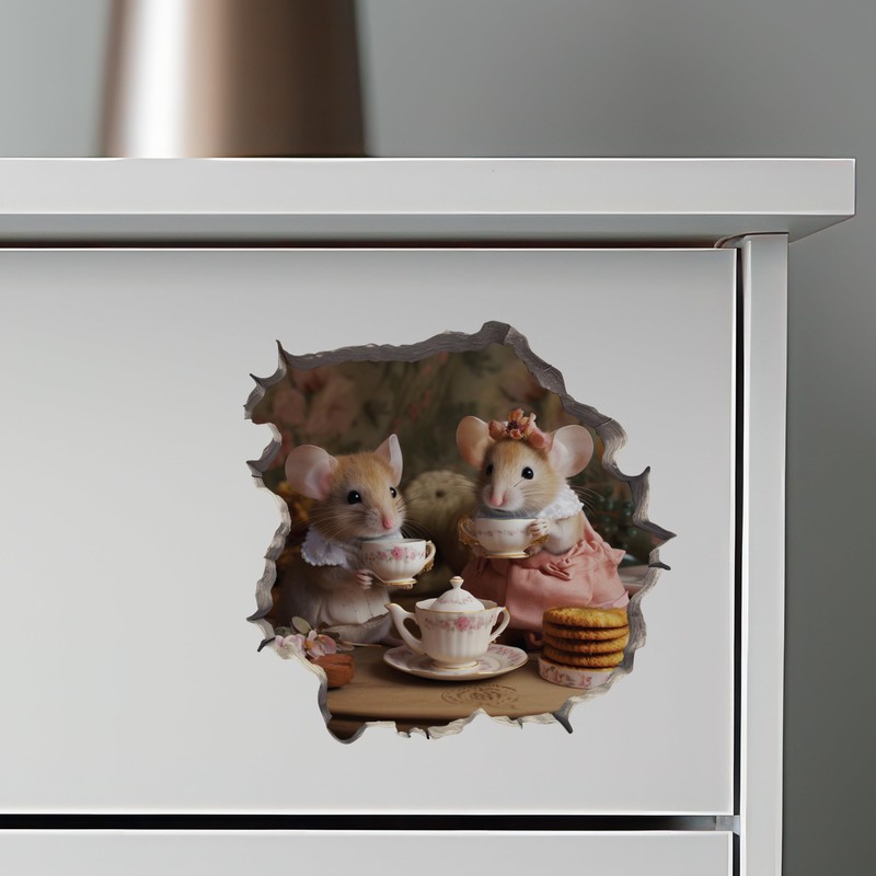 Tea Time Mice Mouse Hole Wall Decal with 3D Effect