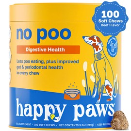 Happy Paws No Poo Chews for Dogs, Poop Eating Coprophagia Deterrent, Soft Chews for Dogs with Pumpkin, Probiotics & Enzyme Blend for Digestive Health, Organic, Vegan, Non GMO, Beef Flavor, 100 Count