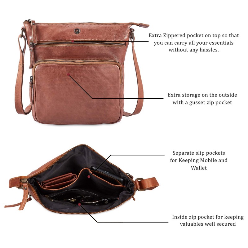 Cochoa Women Crossbody Real Leather Triple Zip Bag, Purse, Travel