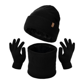 FURTALK Unisex Winter Beanie Hat Scarf and Gloves Set of 3 Men Women Winter Hat Winter Scarf Touchscreen Gloves with Soft Fleece Lining, black