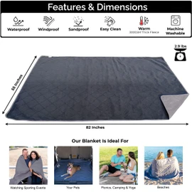 BRAWNTIDE Large Outdoor Waterproof Blanket - Great for Beach, Stadium, Camping, Extra Thick Fleece, Warm, Windproof, Sandproof, Ideal for Sunbathing, Yoga, Parks, Grass, Picnics, Sports, Car (Gray)