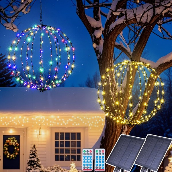 176 LED 13” Outdoor Christmas Light Balls, Solar Hanging Lighted