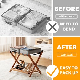 SpaceAid Fully Assembled Luggage Rack 1 Pack, Bamboo Foldable Suitcase Stand for Guest Room, Heavy Duty Folding Luggage Holder with Storage Shelf for Bedroom and Hotel, Walnut