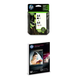 HP HP 64 Black & Tri-Color Inks Premium Photo Paper, Satin, 25 Sheets, 4x6
