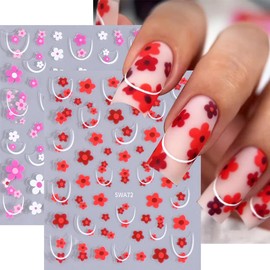 Flower Nail Art Stickers Cute Flower Nail Decals 6PCS 3D Self-Adhesive Red Pink White Five-Petaled Flower French Tip Design Flower Stickers for Valentine’s Day Spring Manicure Nail Art Decorations