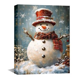 Vintage Snowman Christmas Canvas Wall Art - Framed Winter Scene Farmhouse Prints for Home Decor, Living Room, Holiday Snow Painting Artwork 12x16 Inch