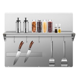 Cxforste Stainless Steel Backsplash, Stove Backsplash Protector for Wall with Storage Shelf & Magnetic Knife Rack, 30" x 24" Back Splash for Stove Range Hood Wall Shield Silver