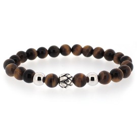 Men's Women's 925 Sterling Silver Lotus Flower Figure with 8 mm Tiger's Eye Energy Stones as Elastic Bracelet Chain, Sterling Silver