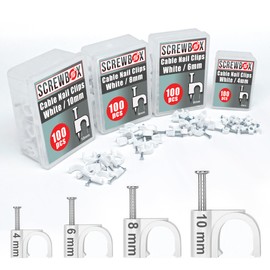 SCREWBOX® Cable Clips, 400 Pcs Durable White Wire Clips -4/6/8/10mm, Round Nail Clips, 4 Sizes (4mm, 6mm, 8mm, 10mm), Cable Tacks Wire Tidy Clips, Electrical Cable Management Clips.