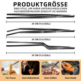 Pack of 3 30.5 cm Cooking Tweezers Stainless Steel Tongs Precision Serrated Tips, Lockable Metal Tongs, Ideal for Cooking, Grilling (Black-100)