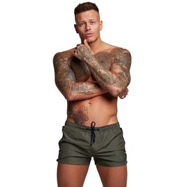 TONLEN - Traje de baño deportivo para hombre, con bolsillos con cierre, Verde militar, Small