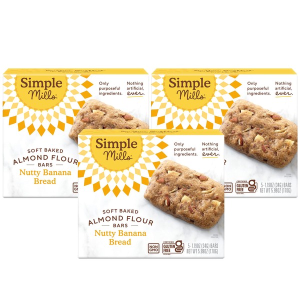 Simple Mills Almond Flour Snack Bars, Nutty Banana Bread - Gluten Free, Made with Organic Coconut Oil, Breakfast Bars, Healthy Snacks, Paleo Friendly, 6 Ounce (Pack of 3)