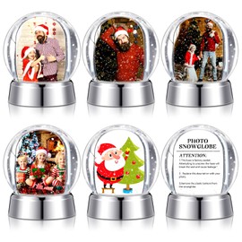 Wettarn 6 Pcs Photo Snow Globes DIY Crafts Clear Plastic Mini Snow Photo Globe with Base Liquid Photo Frame for Christmas Xmas Family Friends Thanksgiving Gifts Tabletop Display (Silver)