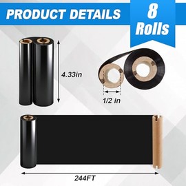 8 Rolls 4.33" x 244' Thermal Transfer Ribbon, Enhanced Wax-Resin, 1/2" Core Ink Out, Desktop Thermal Label Printer Ribbon Compatible with Zebra Datama