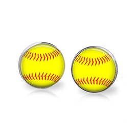 Softball Stud Earrings Stainless Steel 12mm Sensitive Ears,Photo Earrings Art Earrings Photo Jewelry Art Jewelry Glass Jewelry