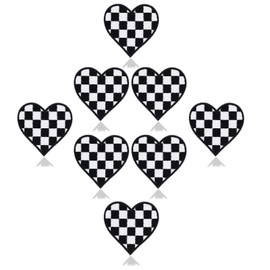 Pack of 8 heart iron-on patches, black and white chequered racing patches, heart patches for iron-on, appliqué for jackets, jeans, denim shirts, hats, bags, 6.1 x 6 cm
