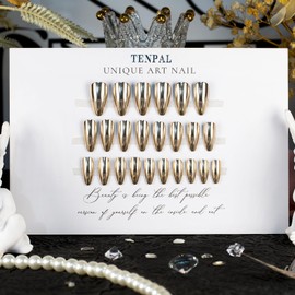 TENPAL Chrome Press on Nails Short Almond Gold Magic Mirror Powder Effect False Nails With Glue 24pcs/box Thick Press On Nails Acrylic Fake Nails With Designs For Women Girls