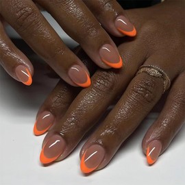 Almond Press on Nails Short Fake Nails French Tip False Nails with Designs Orange Acrylic Glossy Full Cover Glue on Nails Press ons Cute Artificial Stick on Nails for Women Decoration 24 Pcs