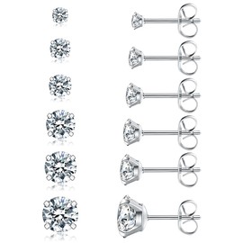 6 Pairs Stud Earrings Set, Hypoallergenic Cubic Zirconia 316L Earrings Stainless Steel CZ Earrings 3-8mm (Steel color)