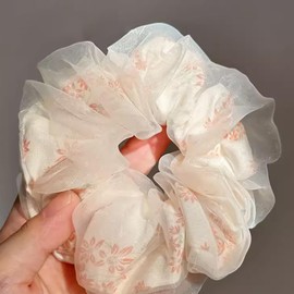 Aikeis 3 Pieces Flower Mesh Colon Hair Scrunchies for Women and Girls, Romantic Aesthetic Headband, Oversized Chiffon, Elastic and Cute (Pink, Beige, Blue)