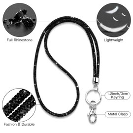 Soleebee Card Holder Lanyard Bling Rhinestone Lanyard with Key Ring Crystal Collar Women's Necklace Kit for Key Ring ID Card Holder (Black)
