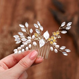 Foyte Gold Bridal Hair Comb Rhinestone Pearl Hair Piece Leaf Bridesmaid Hair Accessories Wedding Crystal Headpiece for Party Prom Pageant