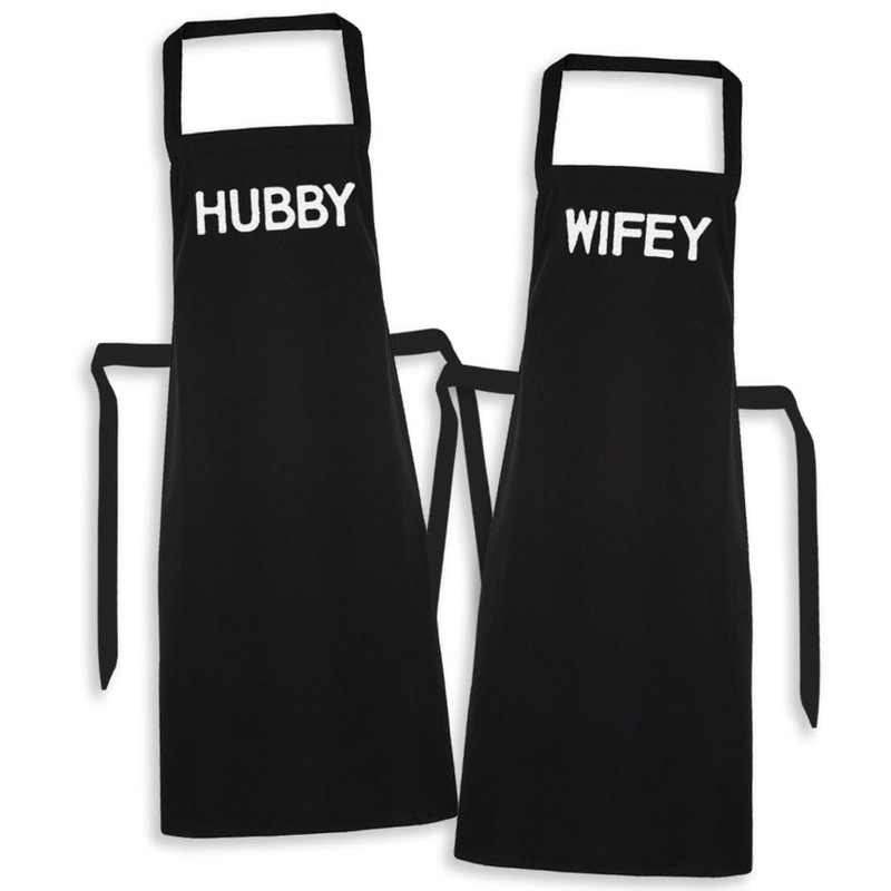 HUBBY & WIFEY - Matching Printed Aprons Couples Gift Set
