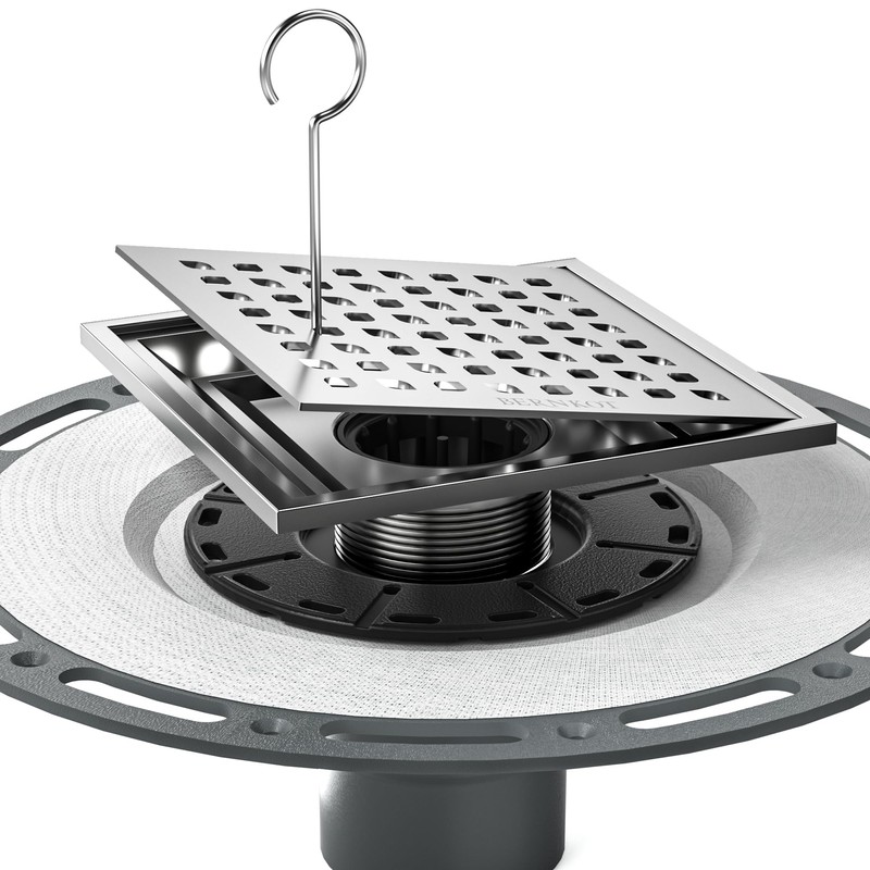Square Shower Drain w/PVC Bonding Flange Base, 6" Brushed
