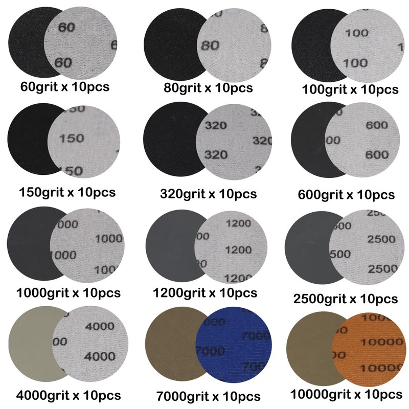 120pcs Sand Paper 3 Inch Sanding Disc Grit 60-10000 Wet