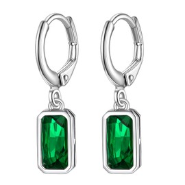 Suplight Tiny Cute 925 Sterling Silver Emerald Cut Birthstone Hoop Dangle Earrings, Cubic Zirconia Crystal Drop Earrings for Women Girls (with Gift Box), Sterling Silver, Emerald